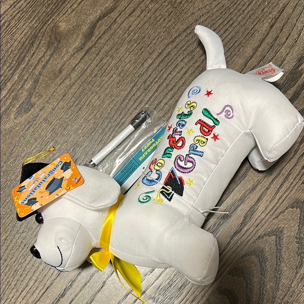 White Plush Dog with Colorful Embroidery